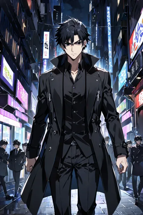  A male character,  anime style ,  long black hair ,  black eyes , an open black overcoat,  serious facial expression , walking down a city street at night