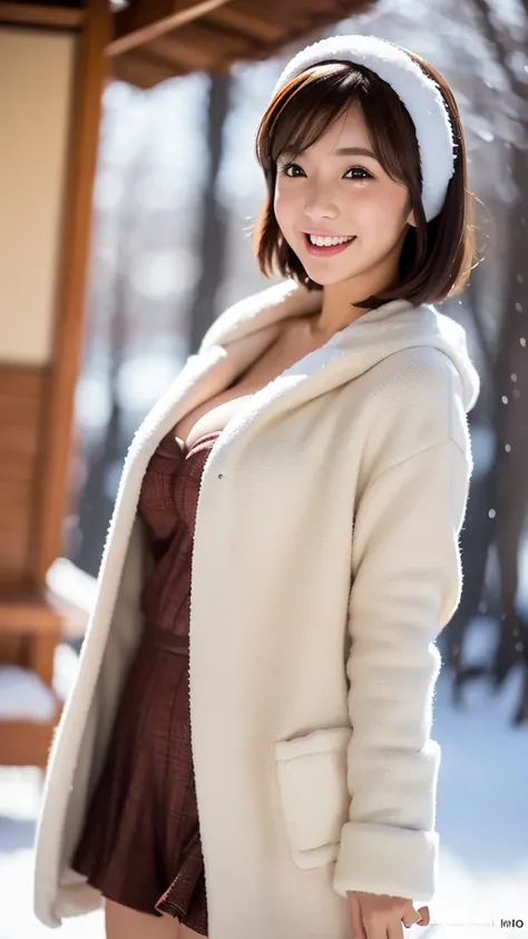 (8k, RAW photo, photorealistic, HQ, masterpiece), a cute Japanese girl, (glowing eyes), 
(laugh ), brown hair, fluffy Pixie Bob hair, large breasts, (Classy early winter attire), Contrapposto, 
blurred background, depth of field, natural lighting, backligh...