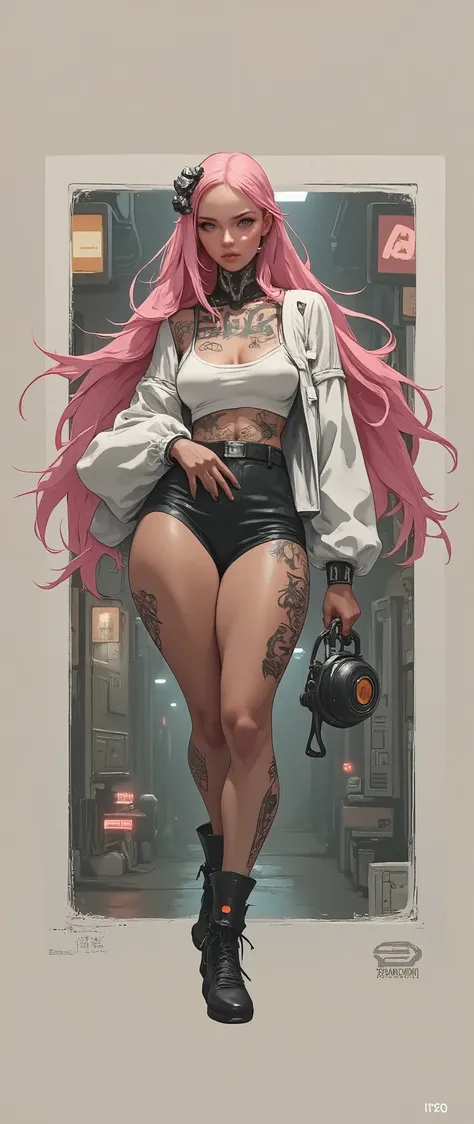 foreground,  anatomically correct x  , A voluptuous ,  wide hips,  Big breasts , , without showing private parts  ,  Young woman with long pink hair , tattooed body,  Wears a miniskirt and a white top ..,  Subtle view of her butt in a full body shot..,  de...