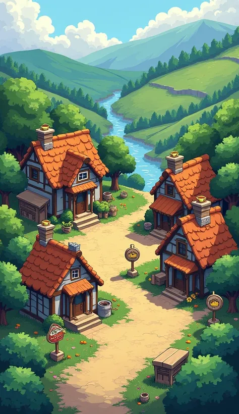 Create an RPG-Maker map of a pixel-style village