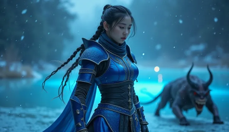 ((Korean female warrior),  huge breasts, I have braided hair., Long blue armor, lower body wearing thin white panties  ), winter, ( Beautiful Glowing Lake , Luminous water, Surreal Reflections ), Pitch dark, Deep Night, Unstable atmosphere, (Action Movemen...