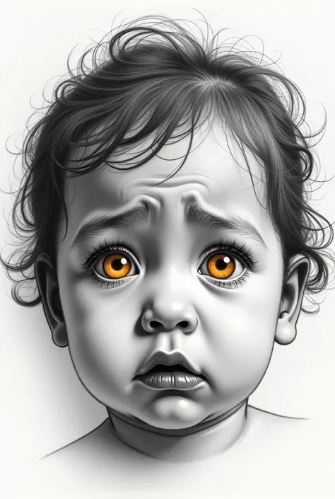  draw a sutori-style vignette where on one plane there is the face of a crying girl and on the other the face of a baby with yellow eyes.  the image of the drawing must be in black and white , The only thing in color will be the babys eyes 