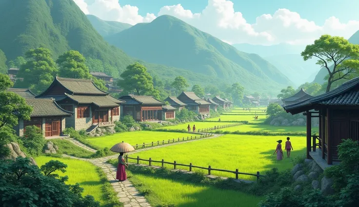 An image of an ancient village in China with a peaceful scene, featuring houses and people working in the fields.