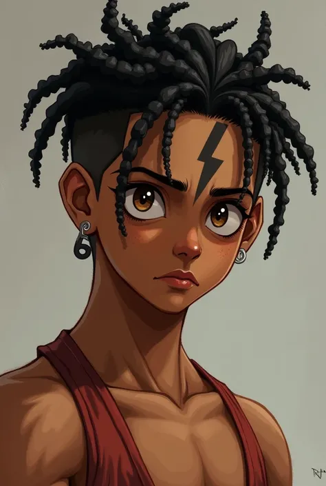 Male,short,height 5’5,light skin,brown eyes,lightning eye scar,black dreads,earings,dimple chin,muscular,smooth forehead,mouth thin/small,curved eyebrows, age 15