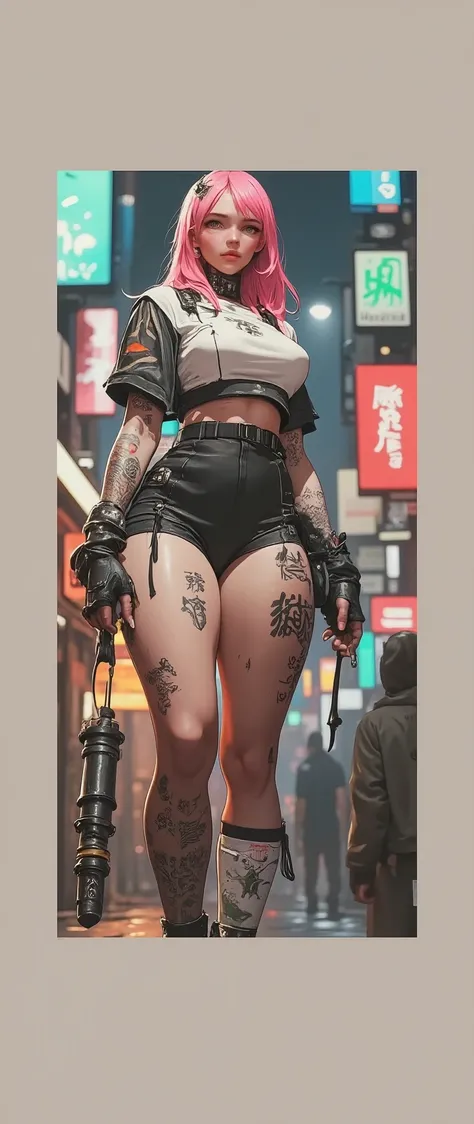 foreground,  anatomically correct x  , A voluptuous ,  wide hips,  Big breasts , , without showing private parts  ,  Young woman with long pink hair , tattooed body,  Wears a miniskirt and a white top ..,  Subtle view of her butt in a full body shot..,  de...