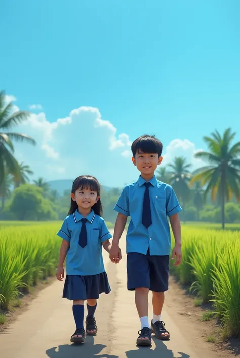 real potrait, full body, long shot, a  boy wearing an Indonesian elementary , blue shirt, berjalan bersama seorang anak kecil perempuan umur 14 tahun memakai seragam sekolah dasar indonesia blue shirt, wearing a navy blue tie, walking on country roads, rig...