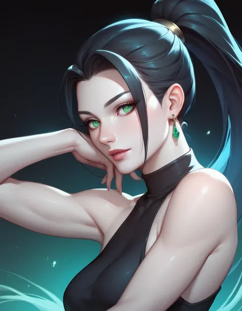 female sleeveless black turtleneck, high neckline, bare shoulders, racerback, bare toned arms, beautiful faces, black ponytail with showing forehead, long ponytail, black earrings, soft smooth skin, pale skin, black background, green eyes, sci-fi, high con...