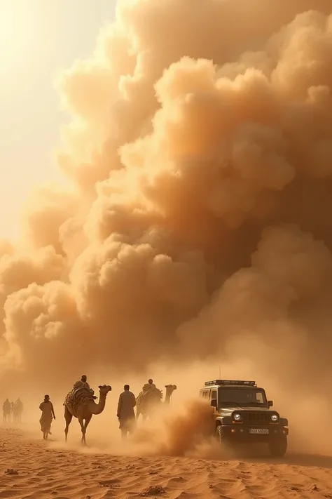 Sandstorm blows away camels, people and cars