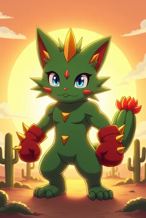 Cactomon| a fusion of Gatomon and Togemon| with a green| spiky cactus-like body| feline blue eyes| pointed ears with thorns| and muscular arms with red boxing gloves featuring golden spikes| Its spiny tail ends in a glowing cactus flower| standing proudly ...