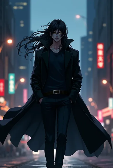  A male character,  anime style ,  long black hair ,  black eyes , an open black overcoat,  serious facial expression , walking down a city street at night