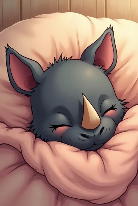 in the center, There is a black kitten ,  lying on a small bed,  asleep and covered with her small and tender blanket , This is how a cute and tender little rhinoceros sleeps like this. caricature style 