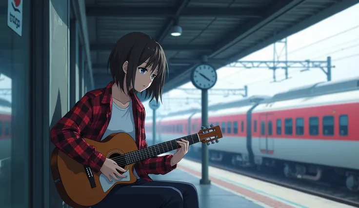 A young Japanese woman wearing a white t-shirt and a red plaid shirt outside is sitting on a bench playing a guitar in a train station. She looks sad, her eyes staring into the distance. There is a round clock hanging on the wall. There is a train parked t...