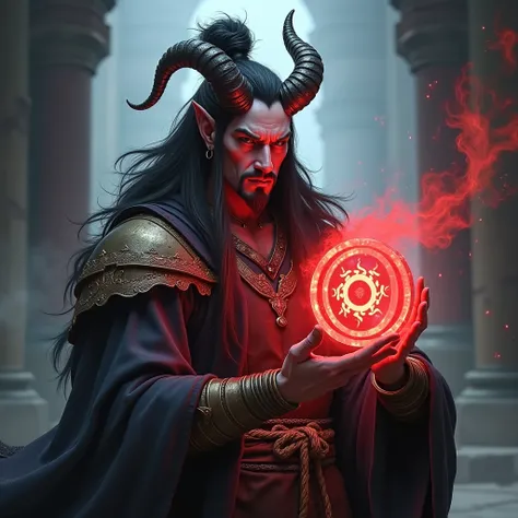 portrait, arte digital, fantasia medieval, RPG, a Tiefling  (com chifres)  man wearing noble robes ,  black hair with a samurai bun ,  wide nose and holding a large red rune