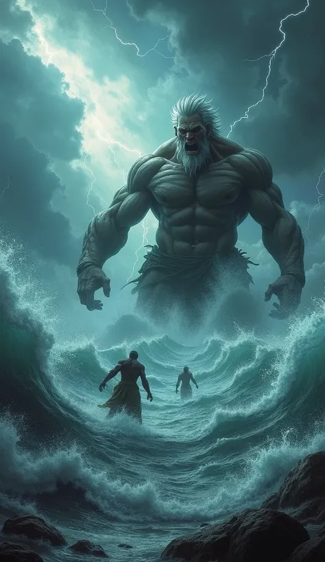 An epic scene of a flood covering the earth, with giant men drowning against the waters as lightning strikes across the sky, symbolizing divine wrath.