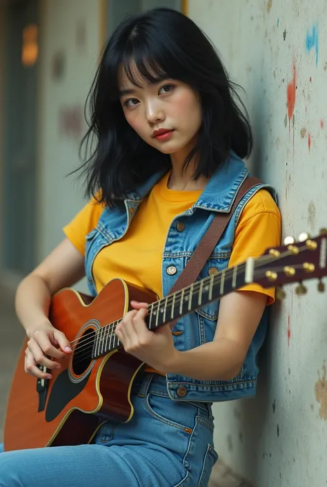 Korean young women, 80s feathered black hair, yellow tshirt, blue denim vest, denim tokong pants, leaning againts the wall while playing guitar, set in 1980s.