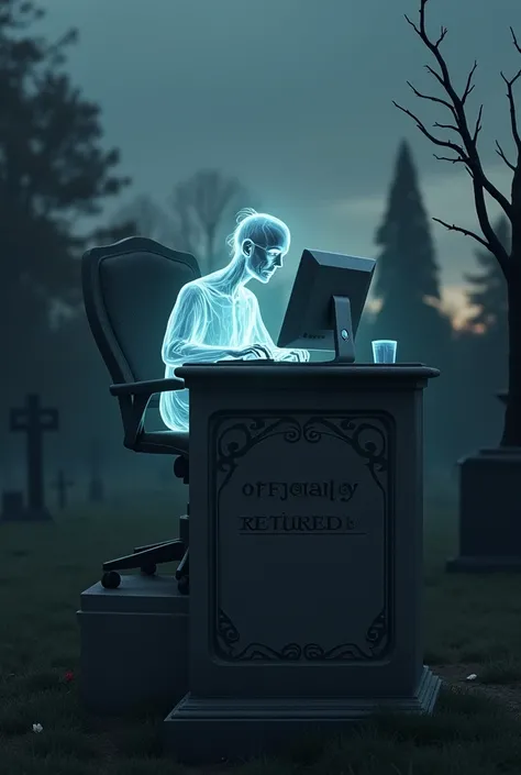 a symbolic and thought-provoking scene of a cemetery at dusk. The main gravestone prominently displays the words ‘Officially Retired’ in elegant lettering. Above the gravestone, a ghostly, translucent figure of an elderly person is depicted sitting at a de...