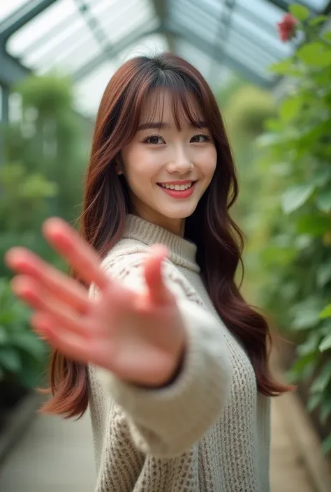 Beautiful Korean woman with long straight hair bangs light maroon color wearing a sweater face looks happy with one hand in front reaching as if it were red hands the opponent poses professional model background of greenhouse garden path 