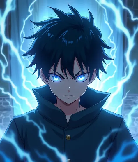 looking at viewer, ((1boy)), male focus, black hair, (detailed hair), ((very short hair)), angry serious closed mouth scowling look on face,half-closed eyes, (glowing eyes), blue eyes, outdoors, breaking, closed mouth, ((magic aura)), fantasy, black Gakura...