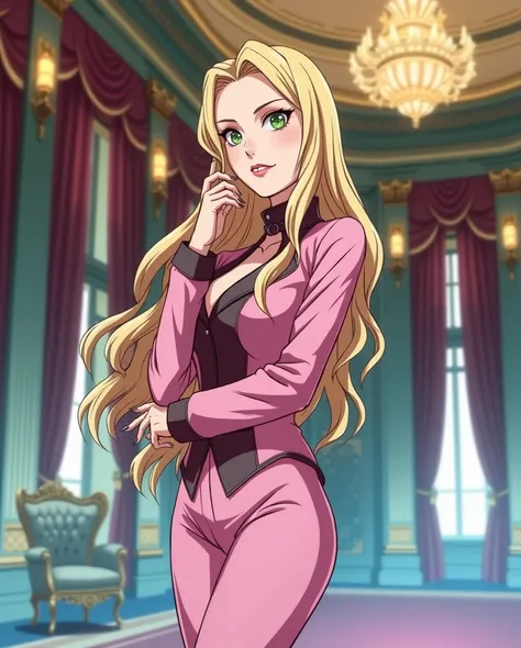 Anime young woman, long wavy blonde hair, green eyes, pink vanguardist clothes, fancy style, arrogant expretion, evil eyes, she is a villian, she is in a mansion, 8k, vast ilumitation, vast perspective