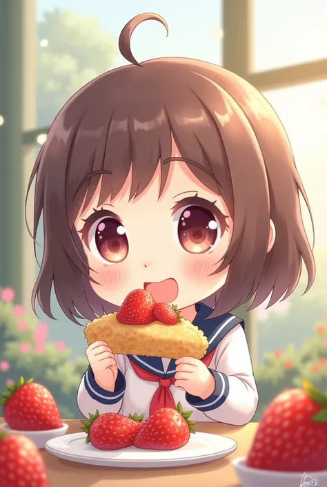 The character of Chibi, a girl in a school uniform, two eating strawberry cold crepes, is cute. 