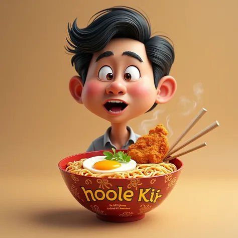  realistic 3d caricature instant noodle wrap there is a picture of a bowl of noodles topped with half a boiled egg and a piece of fried chicken,  there is a picture of a man ,  he is cak lontong ,  standup comedy comedian , expression thinking .  there is ...