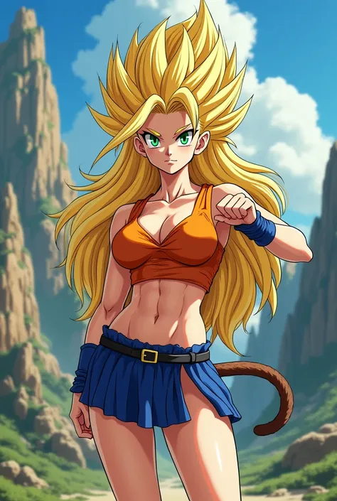 (((((Beautiful Female super saiyan))))), (((thin))), (((strong))), (((long spikey yellow hair))), (((green eyes))), (((large breasts))), ((((black eyeliner)))), ((((beautiful face)))) (((brown monkey tail))). Martial artist. Standing legs spread. Wearing o...