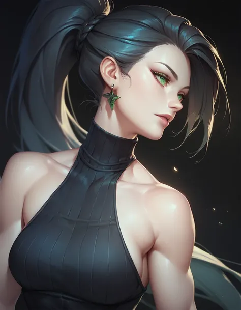 female sleeveless black turtleneck, bare shoulders, racerback, bare toned arms, beautiful faces, black ponytail with showing forehead, long ponytail, black earrings, soft smooth skin, pale skin, black background, green eyes, sci-fi, high contrast, assassin