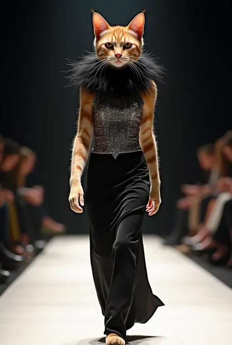 Elegant Eveningwear Cat: A full-body shot of a sophisticated cat walking upright like a human on a runway. The cat is wearing a sleek black evening gown adorned with silver sequins, paired with a dramatic feathered collar. Its fur is well-groomed, and it h...