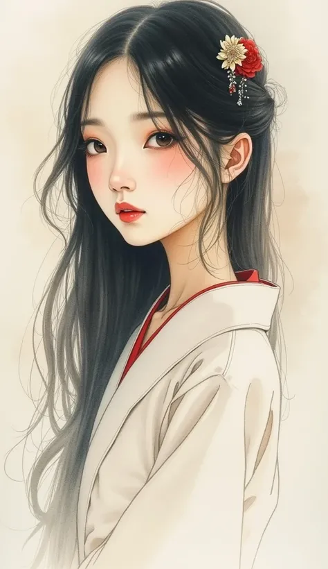 Watercolor。Gustave Maureau painting 。 Japanese woman with slim pale face。 EXTRA LONG STRAIGHT HAIR 