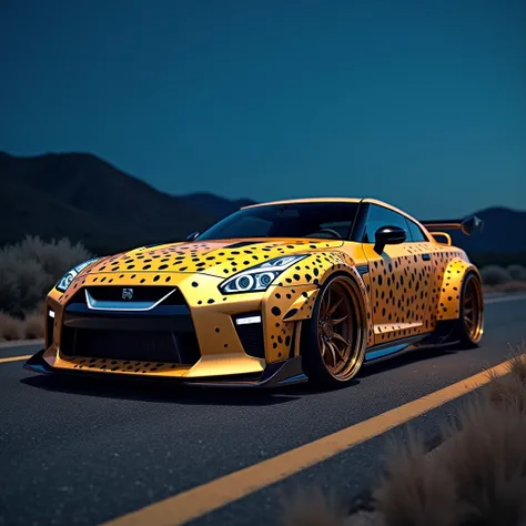 
A Nissan GTR street vehicle with a distinctive design inspired by the characteristics of a cheetah,  its front features realistic details of a cheetahs face with prominent eyes and a front that resembles the prey of a cheetah, and the car body is covered ...