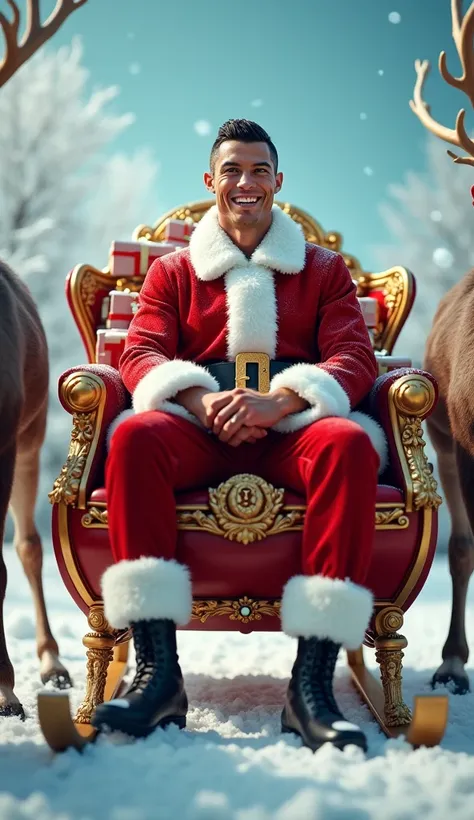 Christiano Ronaldo dressed as Santa Claus sits in a red sleigh, pulled by a reindeer.  He is centered in the image, seated in a three-quarter view,  and faces the viewer directly. He is smiling.  The sleigh is a rich red, accented with gold trim and ornate...