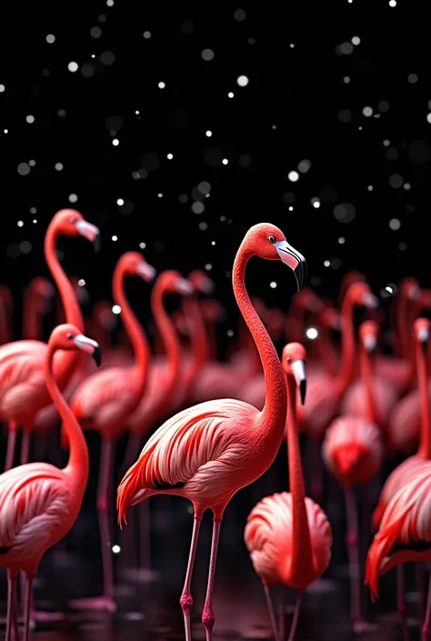 100 flamingo birds on black background with white dots
