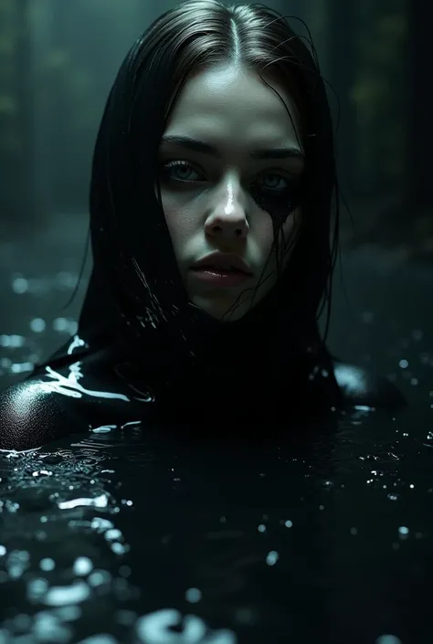 a woman covered in shiny black liquid, only her right eye visible, intricate details, hyper realistic, dramatic lighting, cinematic, dark moody atmosphere, photorealistic, masterpiece, 8k, high quality, sharp focus, physically based rendering, ultra detail...