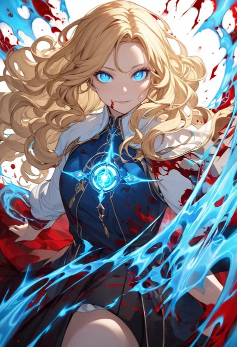  looks like Jenna Fisher. blonde, wavy hair. blood spell effect background, blue aura effect around her.