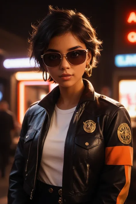 plano cercano del rostro, Alternative girl,   looking over black sunglasses  , jacket, neck,  in the skin , earring, make-up,  imperfecciones in the skin ,   short hair , way,  Neon light background  , Luz outfit,  depth of field,  highly detailed,   high ...