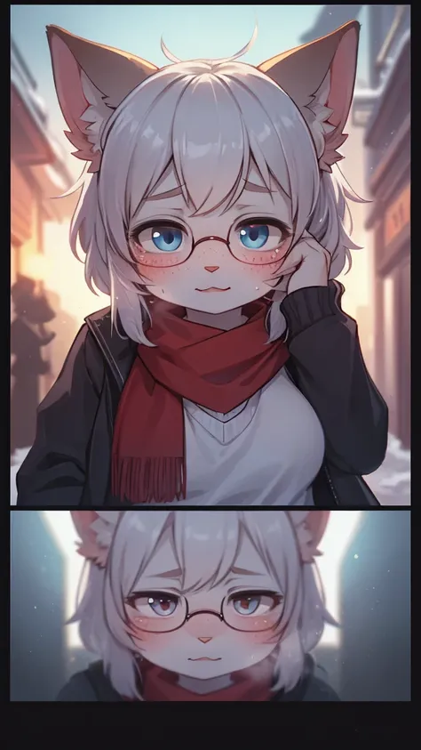 Pure Love , being Confessed , School cat girl, Cat Whiskers , winter school uniform, hide mouth by scarf , round glasses , Disarray tied hair , butter face , loose body , Freckles , ugly geek , steamy breath , winter , in the after school ground , (Sumilux...