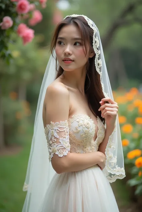 "A natural photo of an 18-year-old Thai girl preparing to marry a beautiful bride, with a white veil with gold patterns.

A photo of a young Thai girl with long, straight brown hair who is thinking. She has fair skin, a sweet face, and light makeup with nu...