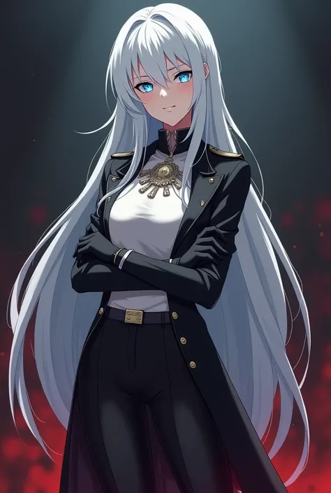 anime, In hell. Voluptuous sexy woman .  long white hair,  crystal blue eyes , of an elongated face with a sadistic smile .  She wears a black military coat uniform with medals decorated on her chest.  Underneath she wears a white t-shirt and long black pa...