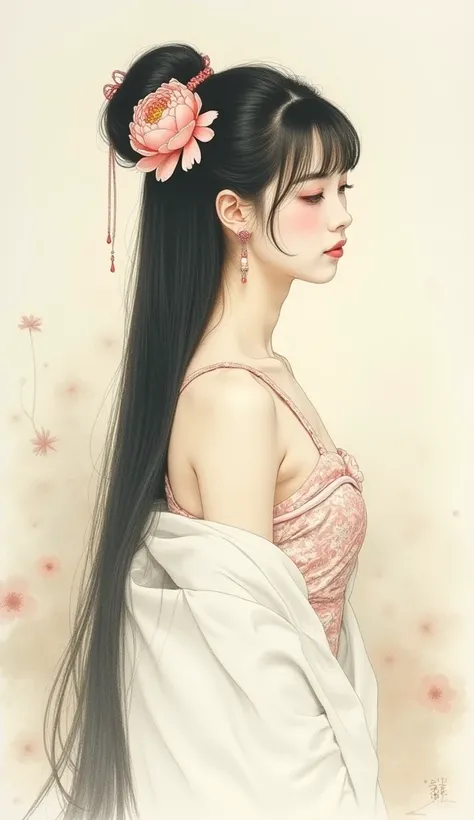 Watercolor。Gustave Maureau painting 。 Japanese woman with slim pale face。 white kimono、 with bare shoulders。 EXTRA LONG STRAIGHT HAIR 。peony hair ornament