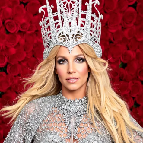 A full-length, eye-level portrait of Britney Spears at the Met Gala,  featuring a dramatic, elaborate, silver-gray, bejeweled, mini-dress-and-cape ensemble, accented by a towering headdress, designed for a glamorous, fashion-forward presentation with a ric...