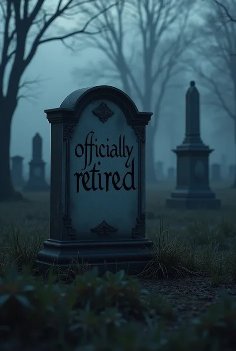 a symbolic and thought-provoking scene of a cemetery at dusk. The main gravestone prominently displays the words ‘Officially Retired’ in elegant lettering. The atmosphere is somber yet ironic, with muted tones of gray, black, and blue to emphasize the mela...