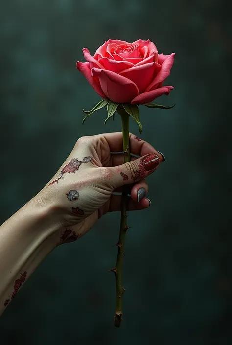  a womans hand holding a rose but her hand is hurt "Like violence "