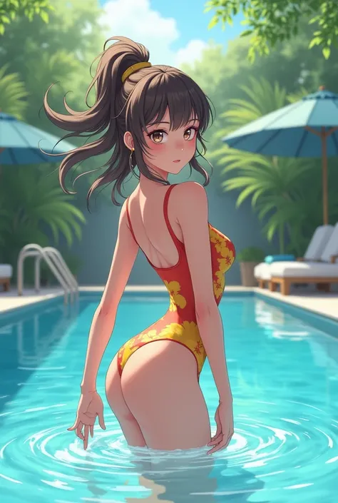 Anime Pretty Girl Poolside: The upper body is a jersey 。 the lower body is a swimsuit, and only girls clean the pool。