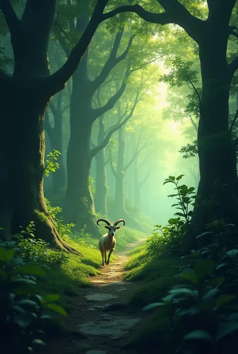 "A goat running swiftly into a dense and shadowy part of the forest. The goat appears small compared to the towering trees around it, and the foliage is thick, with patches of sunlight streaming through. The forest feels mysterious and slightly ominous as ...