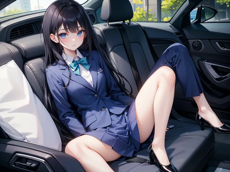 A high school student ， Has long, dark hair ， with warm blue eyes  ，  wearing a fresh blue suit and black heels ，  pure white collar and bright green bow 。  has long dark hair and warm blue eyes  ， sitting in a car seat ， spread legs 