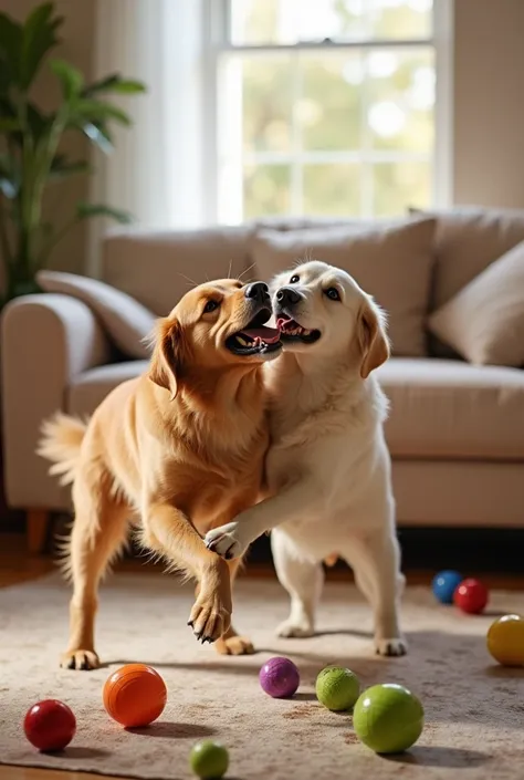 Image prompt: Two dogs (Max and Bella) playing together in a living room, with toys scattered around them, and a big smile on their faces.