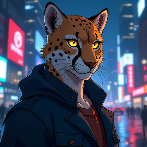 Shady portrait of the cheetah male anime character,  background,  futuristic cityscape , At night,  glowing neon lights , , sparks, metal parts,  flying wreckage , blue energy effects, volumetric light