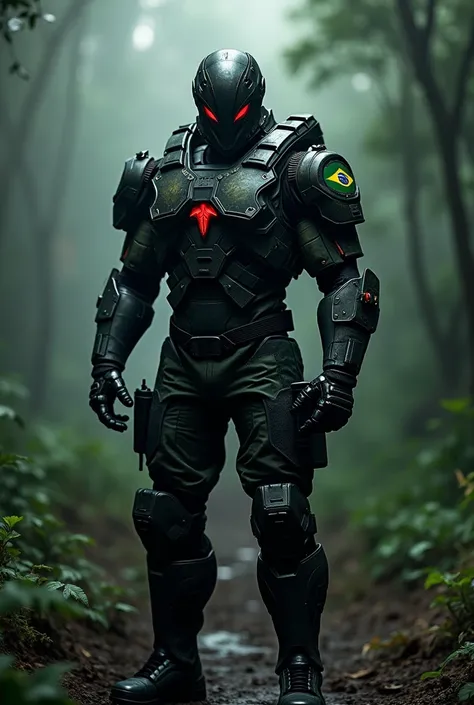 
Command:
" A creepy and intimidating Brazilian Army special forces uniform,  designed to cause fear in opponents . The uniform is dark ,  with an ominous black and green camouflage pattern ,  accented with luminous details in red .  The helmet is angular ...