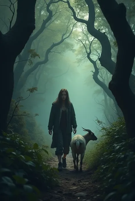 ""The woman following her goat into the dense forest, navigating through the thick trees and overgrown plants. Her expression shows concern and determination as she moves deeper into the woods. The forest grows darker and more mysterious with every step sh...