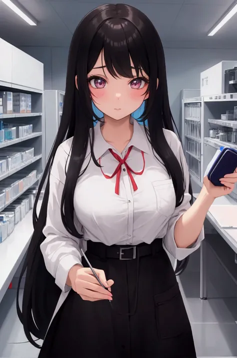 Anime girl, 20 years old, scientist, black hair, in science lab, beautiful, cute, pretty, blushing.